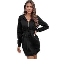 HAMI BOUTIQUE - Vestido Midi de Polerón Negro con Capucha - Cierre Metálico y Cintura Ajustable