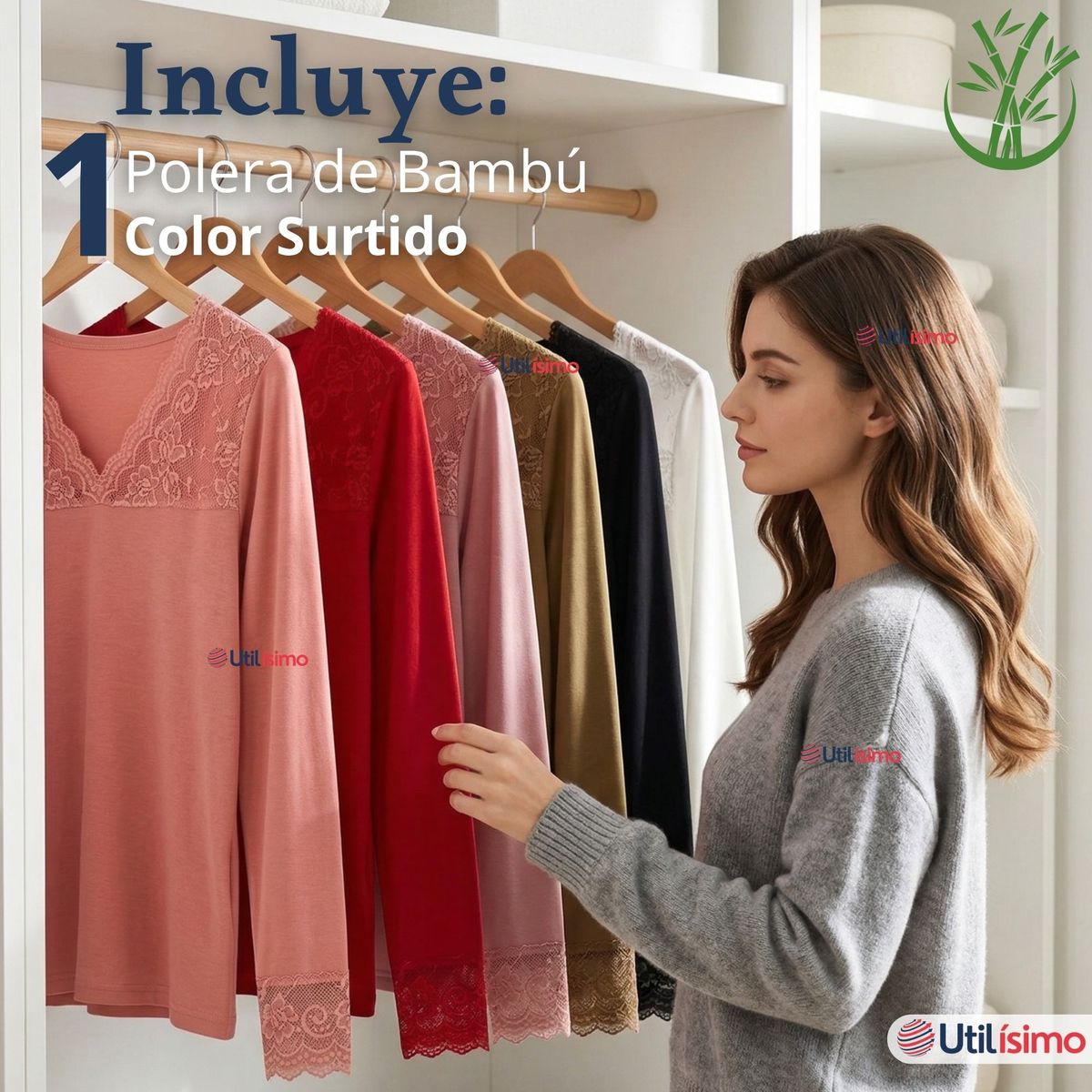 UTILISIMO - Camiseta Polera Bambú Cuello V Manga Larga Con Encaje Colores Surtidos Mujer