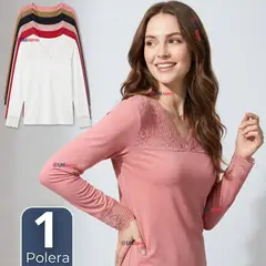 UTILISIMO - Camiseta Polera Bambú Cuello V Manga Larga Con Encaje Colores Surtidos Mujer