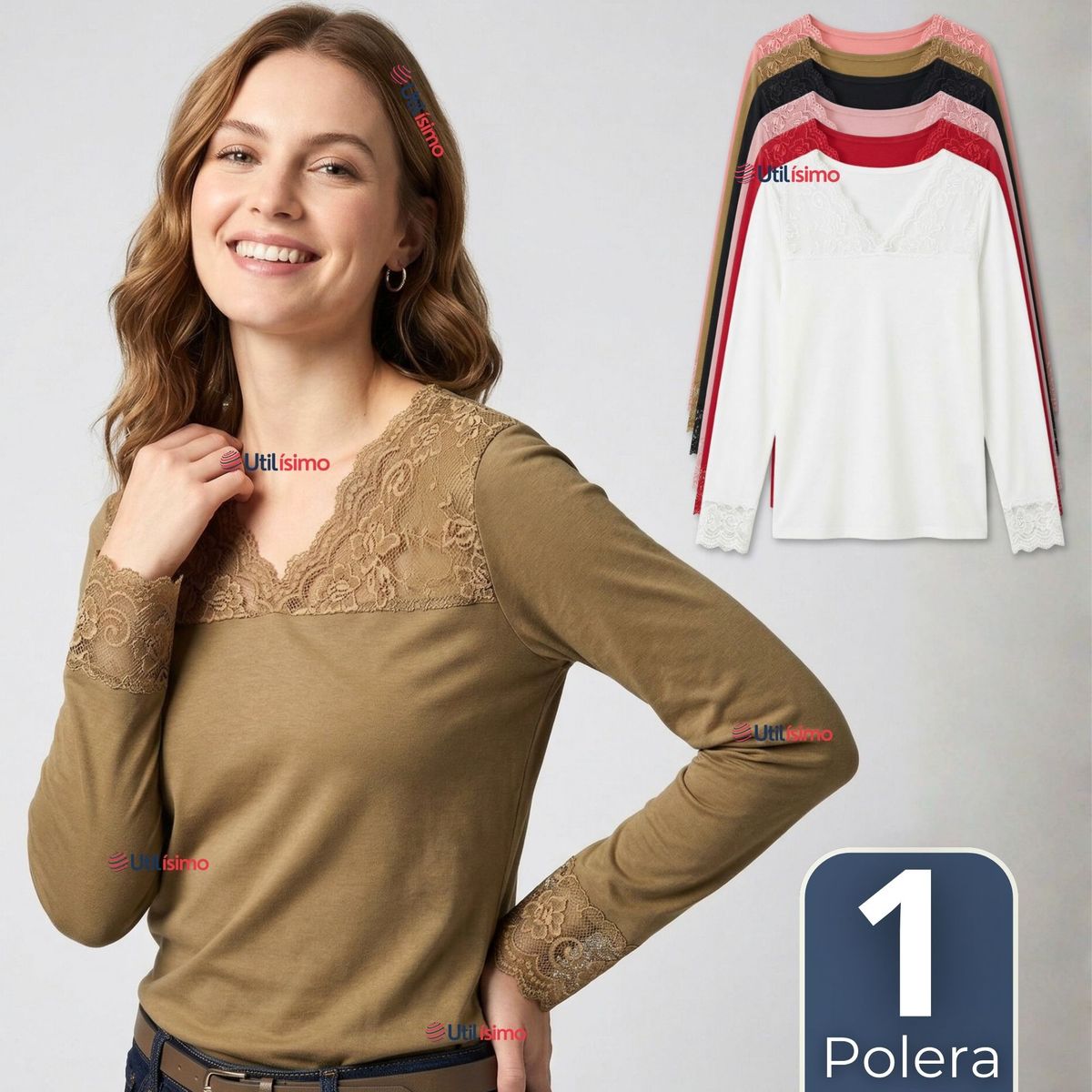 UTILISIMO - Camiseta Polera Bambú Cuello V Manga Larga Con Encaje Colores Surtidos Mujer