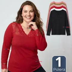 UTILISIMO - Camiseta Polera Bambú Cuello V Manga Larga Con Encaje Colores Surtidos Mujer