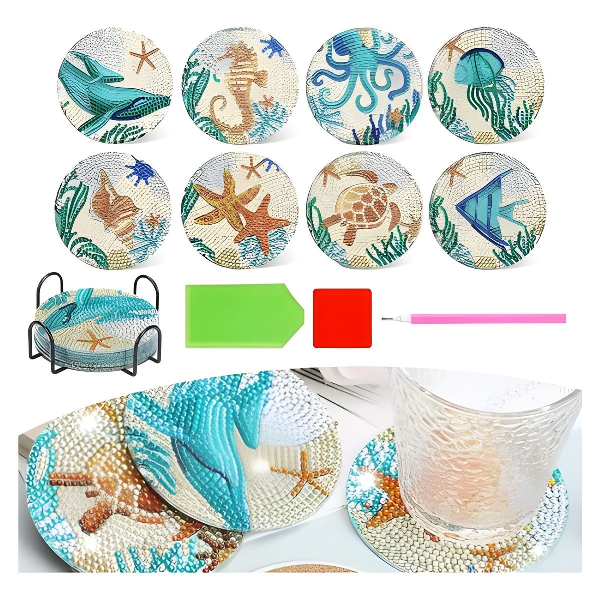 GENERICO - Set 8 Posavasos Pintura Diamante Océano