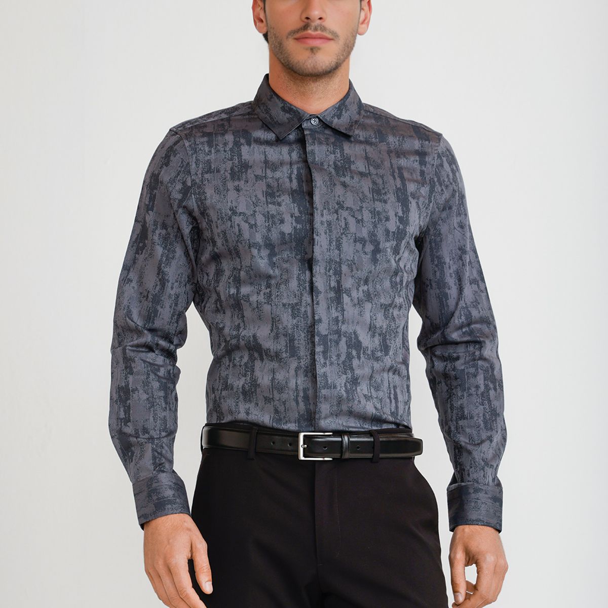 PERRY ELLIS - Camisa Hombre Jacquard Negro Jacquard Shirt