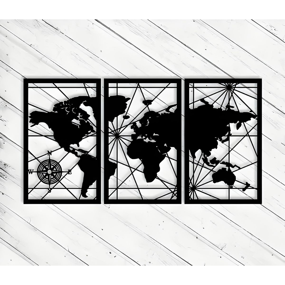 GENERICO - Cuadro Tríptico Mapamundi Mdf 150x80 Cm Negro