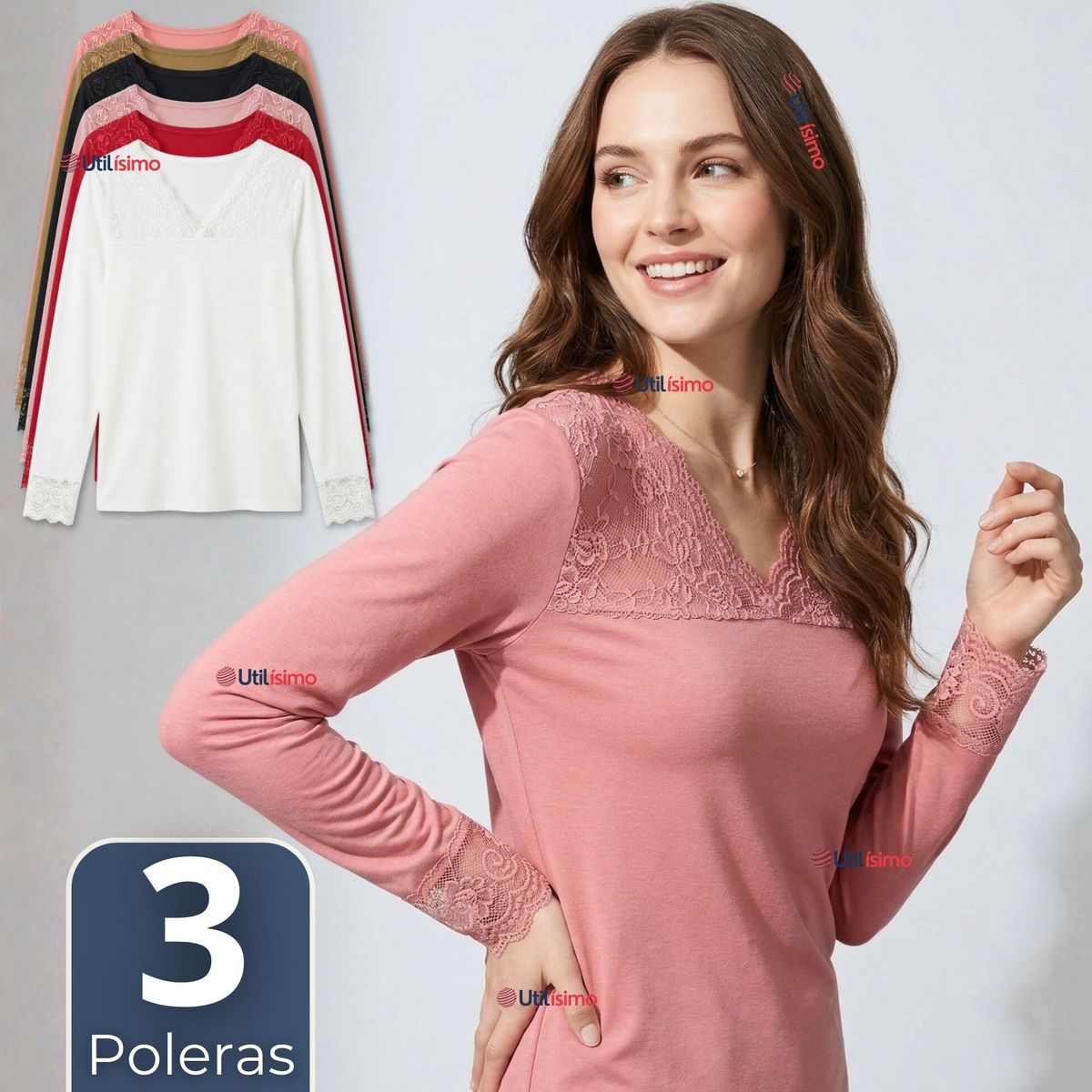 UTILISIMO - Pack 3 Camiseta Polera Bambú Cuello V Manga Larga Con Encaje Colores Surtidos Mujer