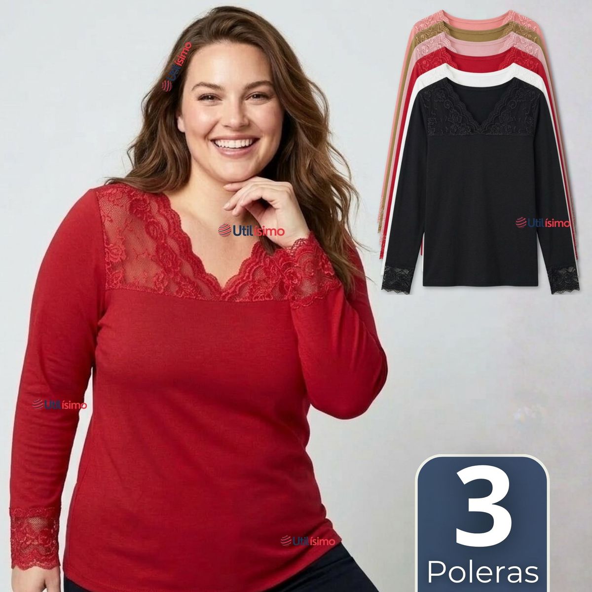 UTILISIMO - Pack 3 Camiseta Polera Bambú Cuello V Manga Larga Con Encaje Colores Surtidos Mujer