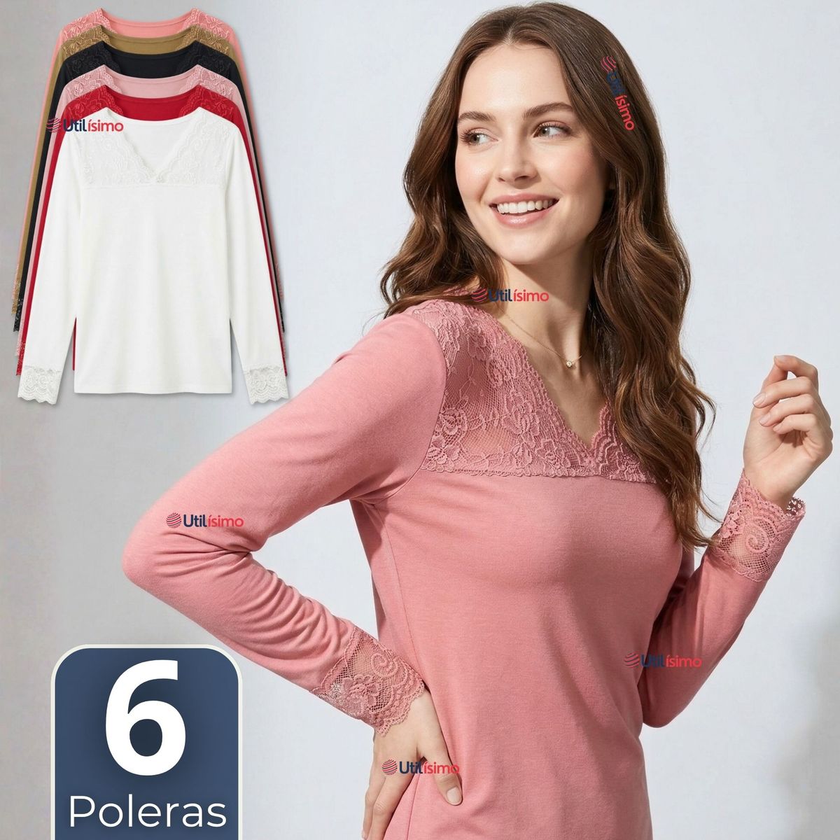 UTILISIMO - Pack 6 Camiseta Polera Bambú Cuello V Manga Larga Con Encaje Colores Surtidos Mujer