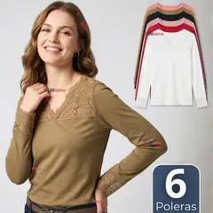 UTILISIMO - Pack 6 Camiseta Polera Bambú Cuello V Manga Larga Con Encaje Colores Surtidos Mujer