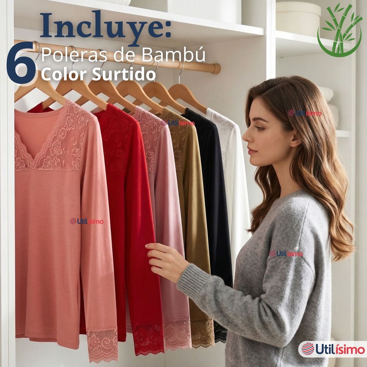 UTILISIMO - Pack 6 Camiseta Polera Bambú Cuello V Manga Larga Con Encaje Colores Surtidos Mujer