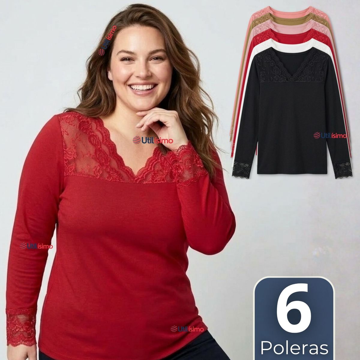 UTILISIMO - Pack 6 Camiseta Polera Bambú Cuello V Manga Larga Con Encaje Colores Surtidos Mujer