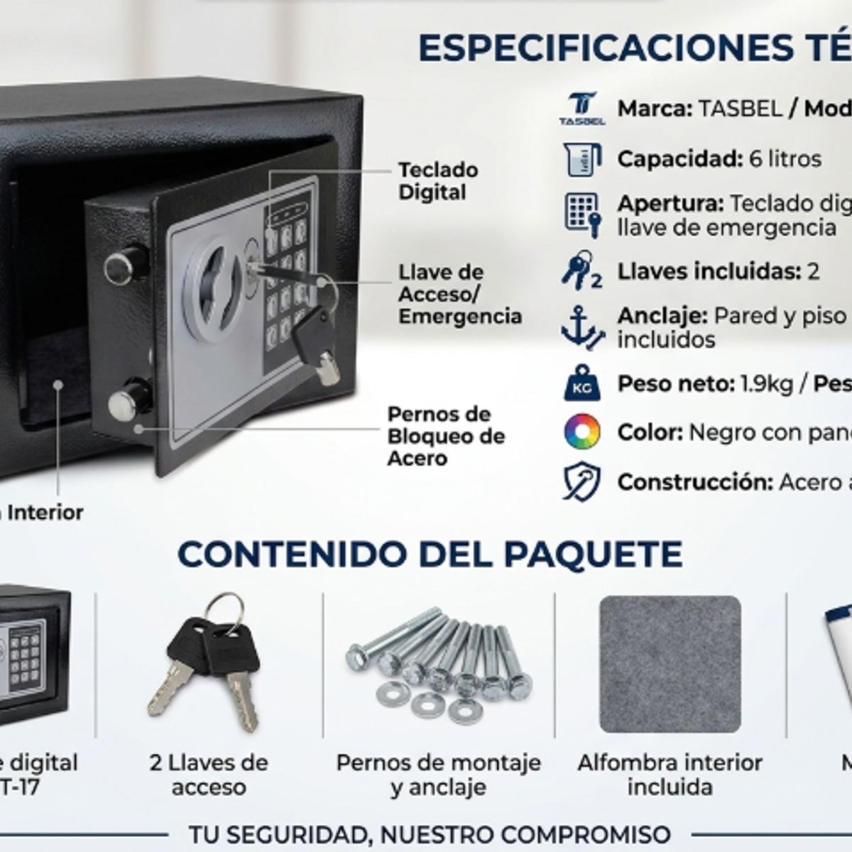 GENERICO - Caja Fuerte Digital 6L Teclado Numerico 2 Llaves Anclaje Pared Suelo Hogar Seguridad Oficina