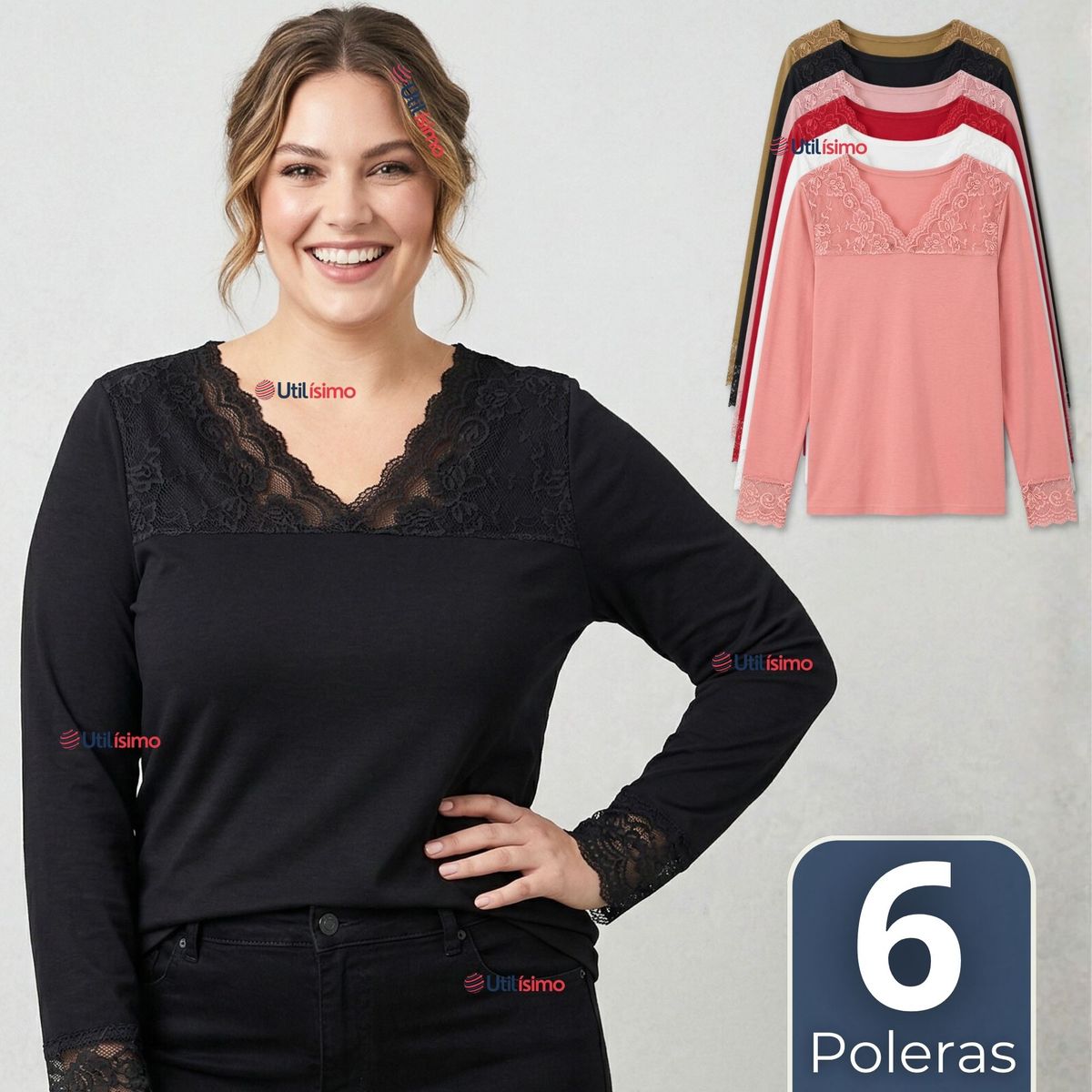 UTILISIMO - Pack 6 Camiseta Polera Bambú Cuello V Manga Larga Con Encaje Colores Surtidos Mujer