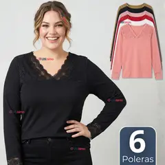 UTILISIMO - Pack 6 Camiseta Polera Bambú Cuello V Manga Larga Con Encaje Colores Surtidos Mujer