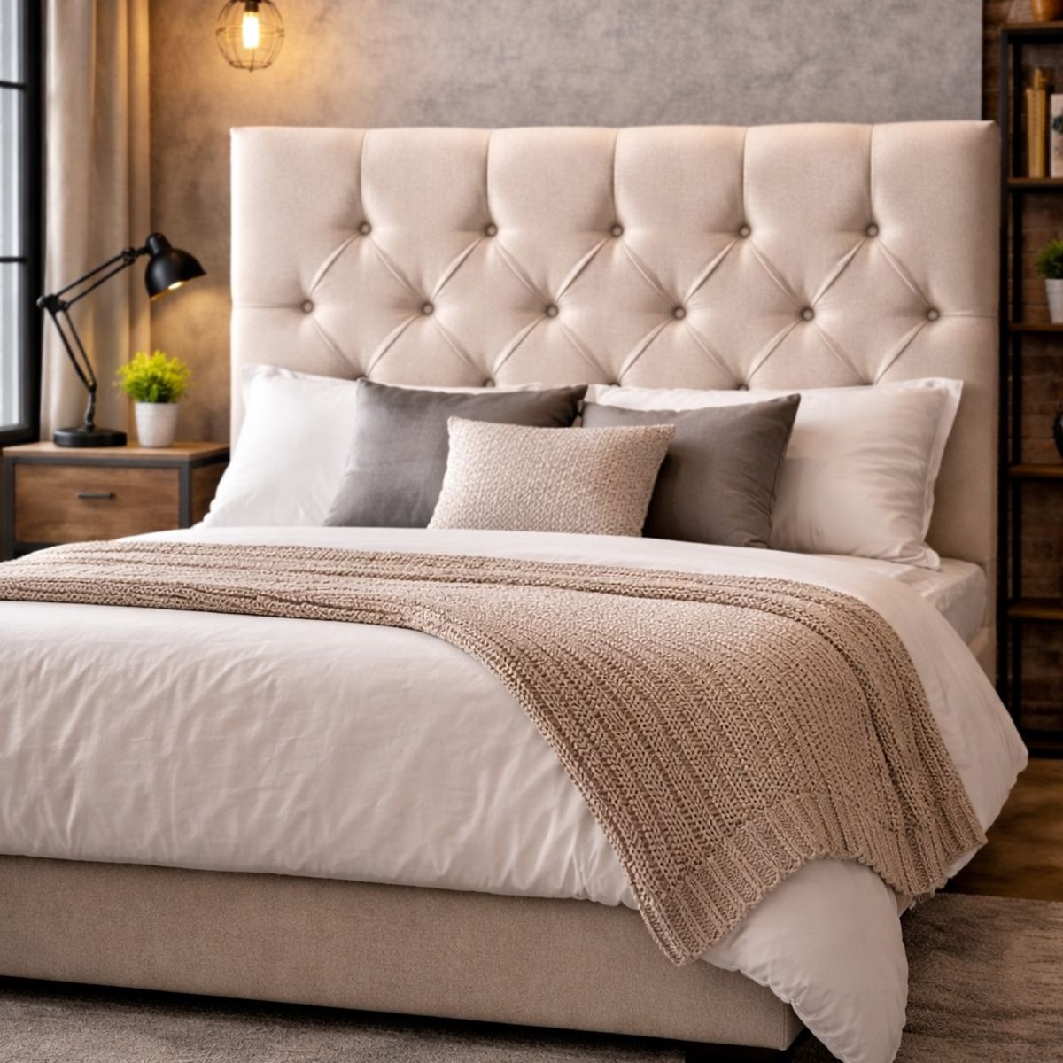 GENERICO - Respaldo Cama 1.5 Plazas Lino Beige Capitoné - Cabecera Acolchada Moderna - Decorativo Premium