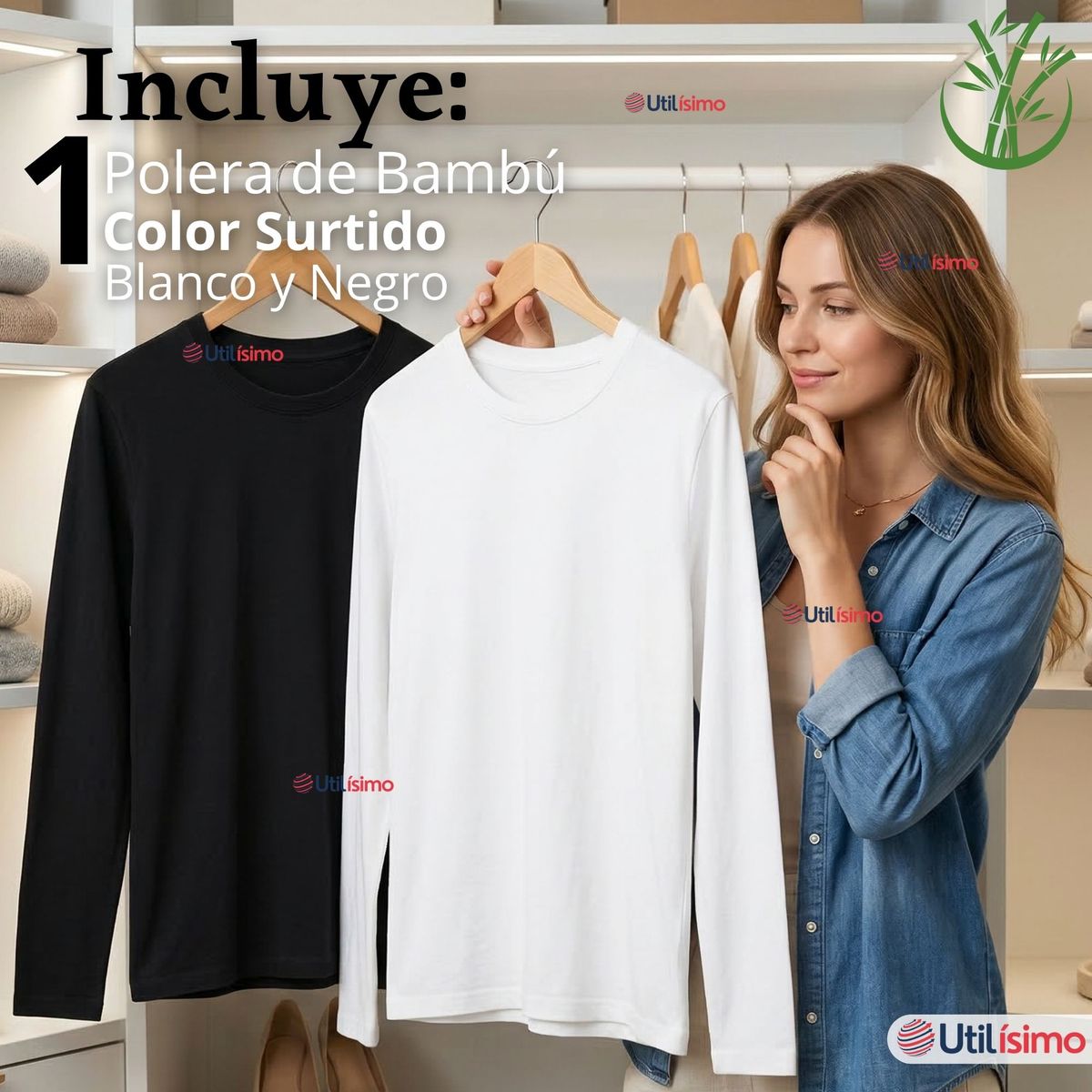 UTILISIMO - Camiseta Polera Bambú Primera Capa Manga Larga Blanco Negro Mujer
