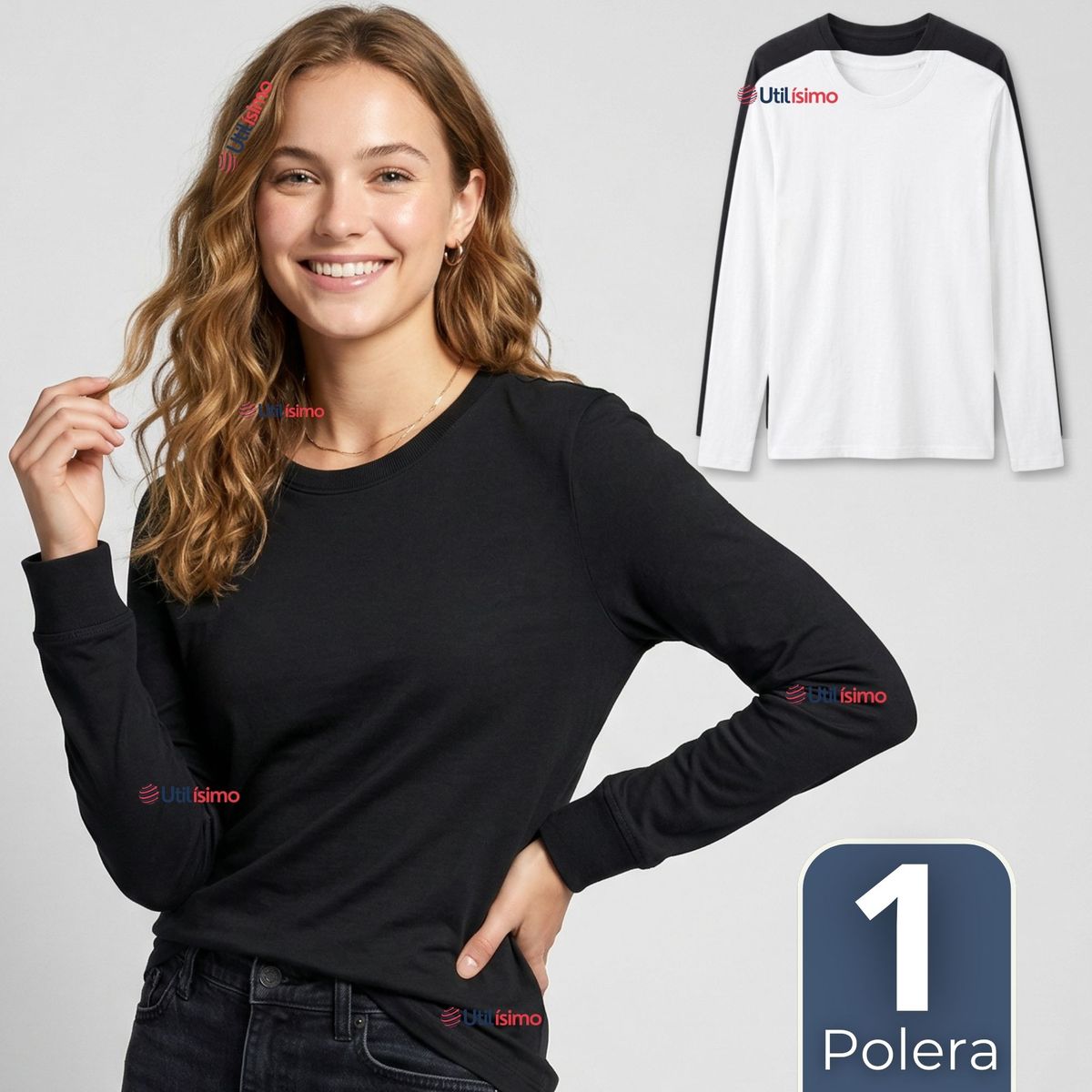 UTILISIMO - Camiseta Polera Bambú Primera Capa Manga Larga Blanco Negro Mujer