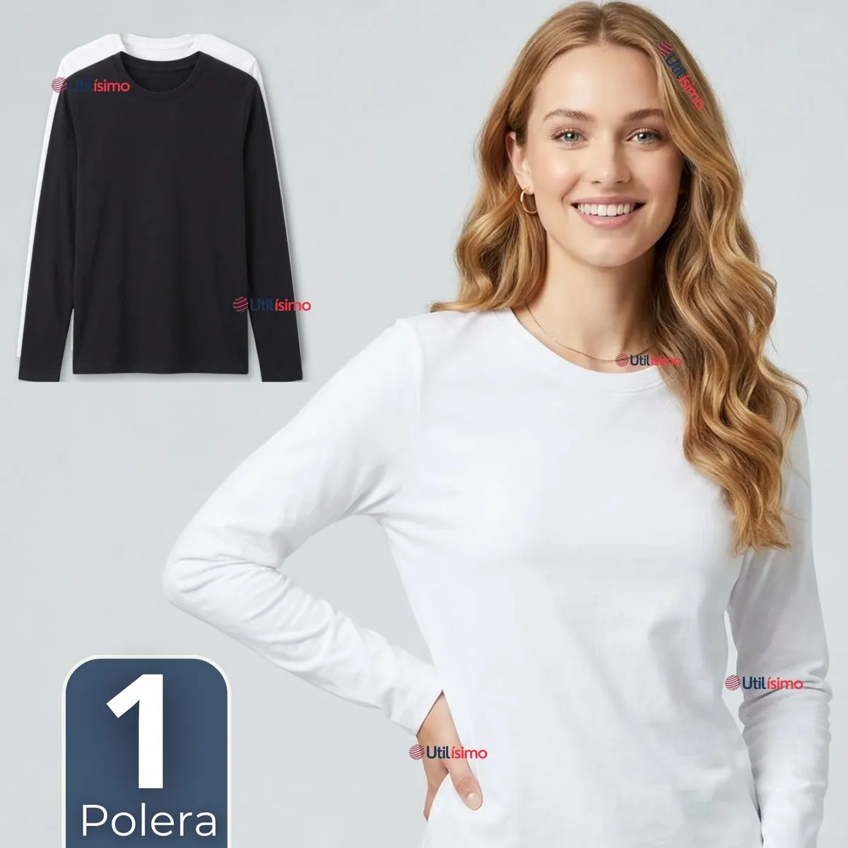 UTILISIMO - Camiseta Polera Bambú Primera Capa Manga Larga Blanco Negro Mujer