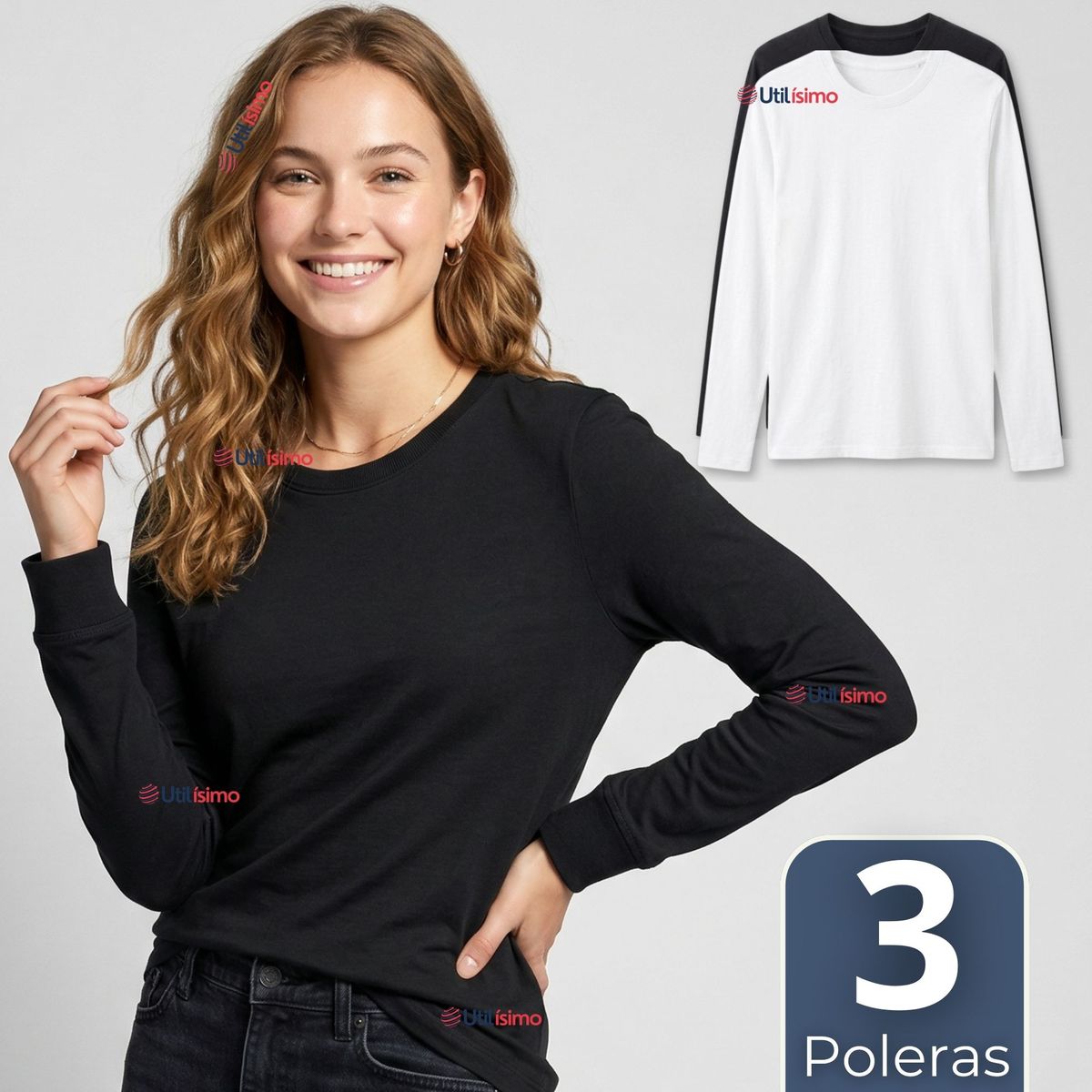 UTILISIMO - Pack 3 Camisetas Poleras Bambú Primera Capa Manga Larga Blanco Negro Mujer