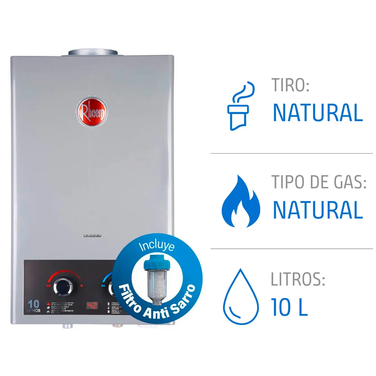 Calefont 10 litros Gas Natural Tiro Natural Rheem, marca RHEEM - Foto Principal
