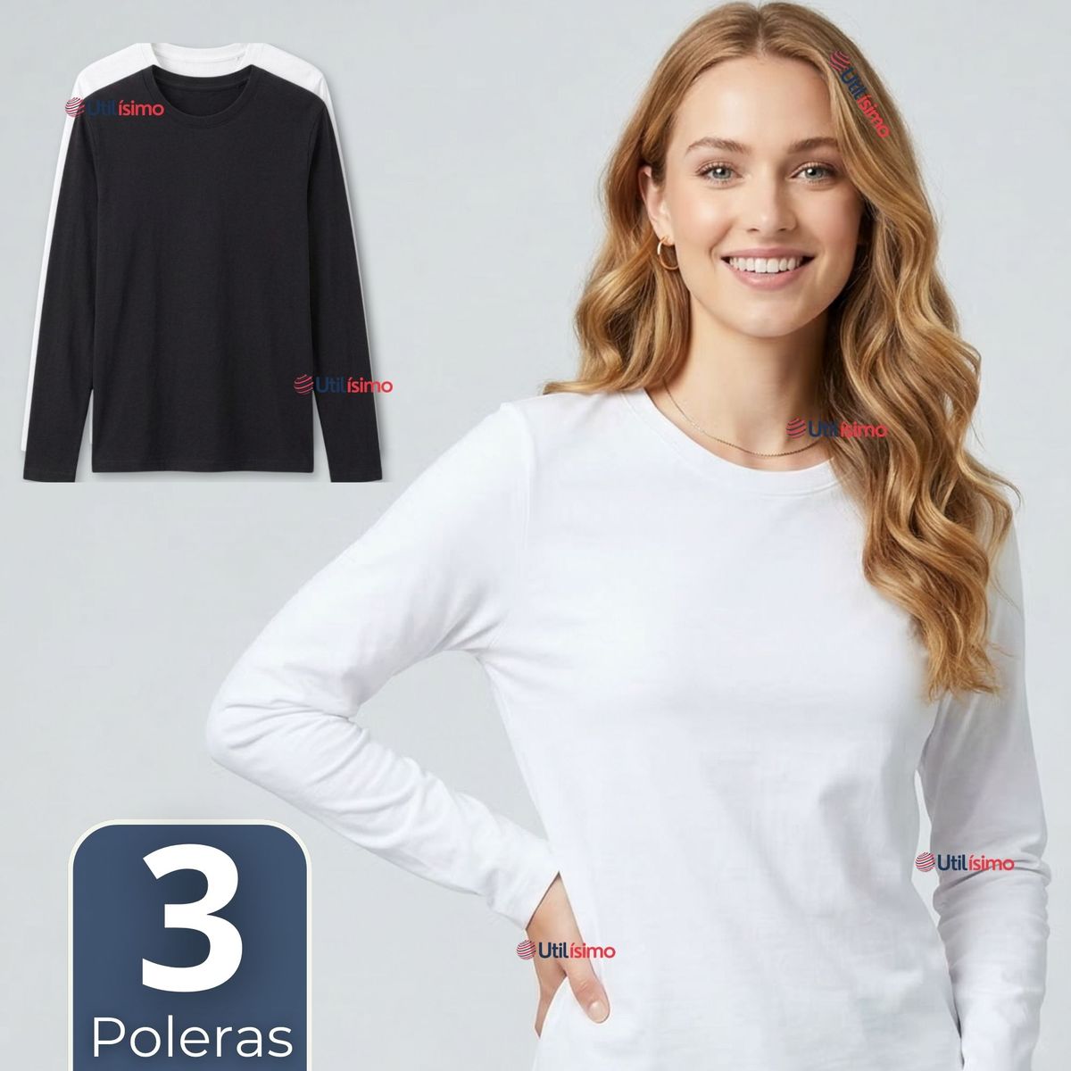 UTILISIMO - Pack 3 Camisetas Poleras Bambú Primera Capa Manga Larga Blanco Negro Mujer