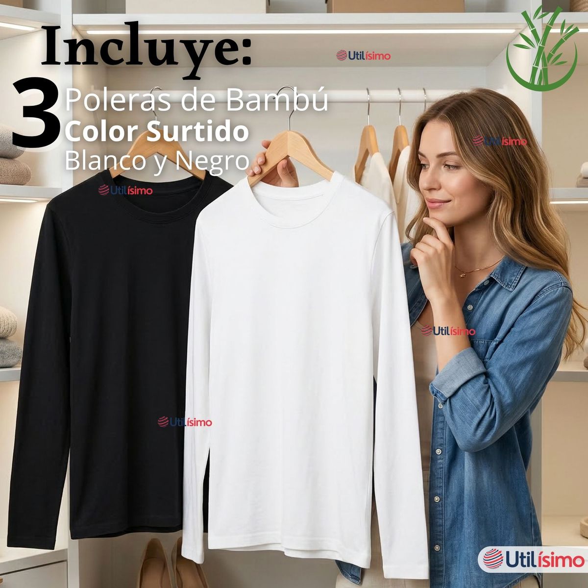 UTILISIMO - Pack 3 Camisetas Poleras Bambú Primera Capa Manga Larga Blanco Negro Mujer