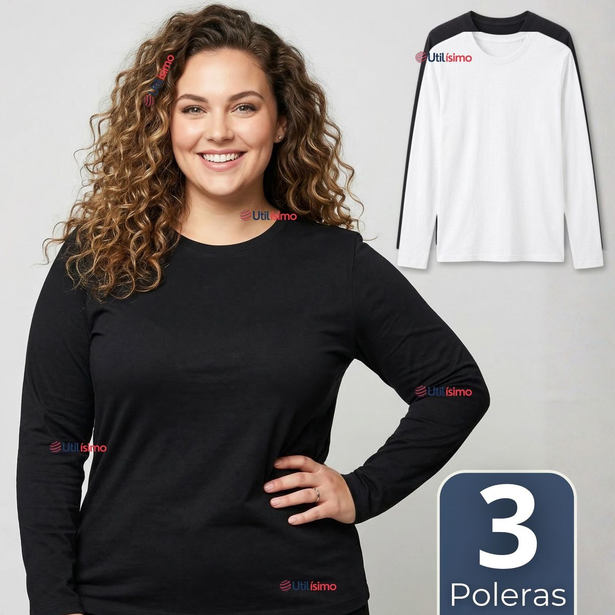 UTILISIMO - Pack 3 Camisetas Poleras Bambú Primera Capa Manga Larga Blanco Negro Mujer