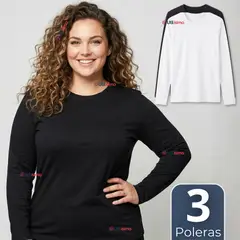 UTILISIMO - Pack 3 Camisetas Poleras Bambú Primera Capa Manga Larga Blanco Negro Mujer