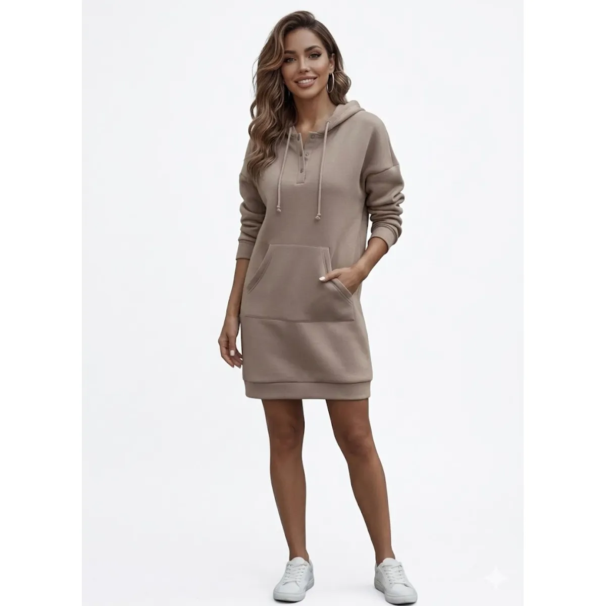 HAMI BOUTIQUE - Vestido Midi Polerón Beige Arena Capucha - Botones en Escote y Bolsillo