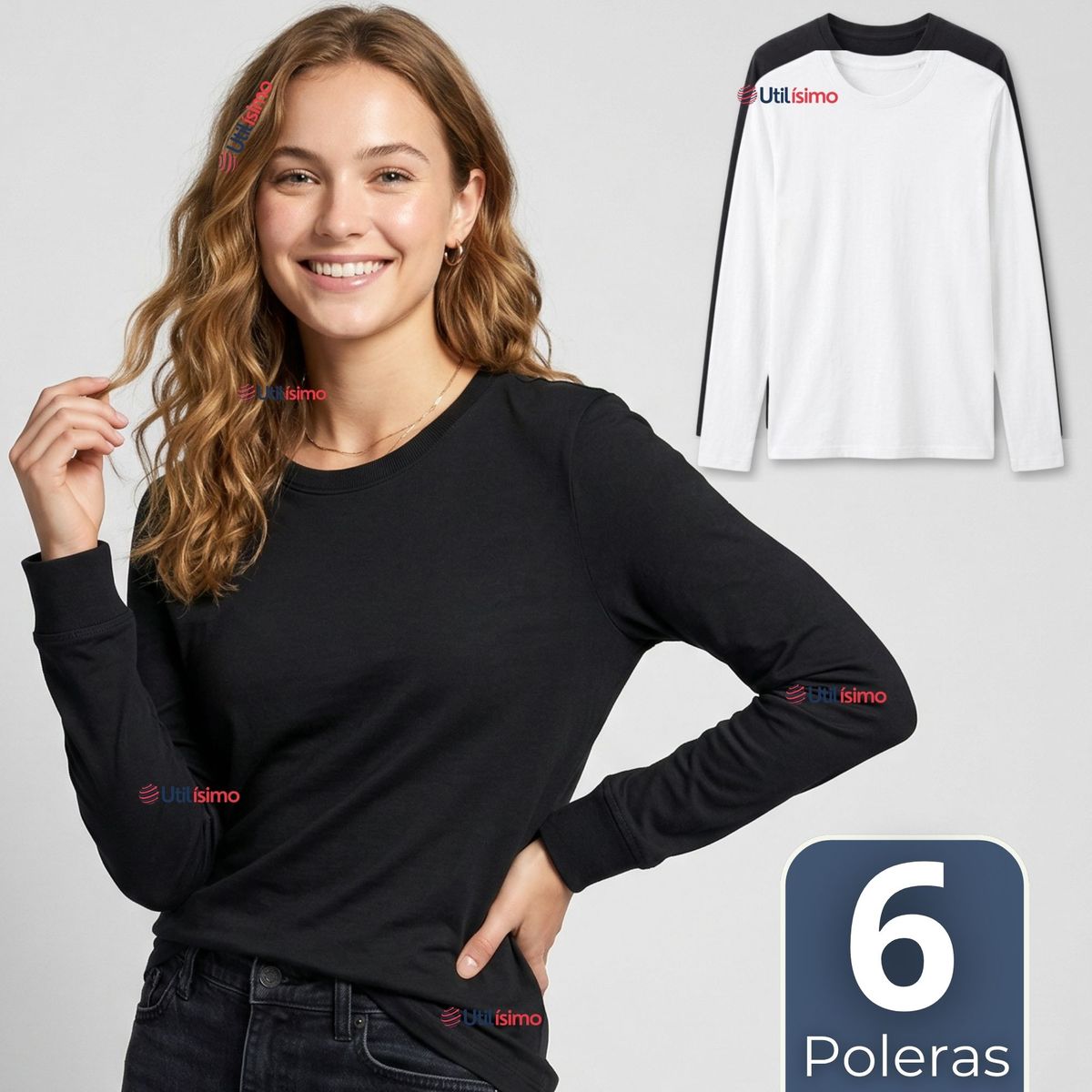 UTILISIMO - Pack 6 Camisetas Poleras Bambú Primera Capa Manga Larga Blanco Negro Mujer