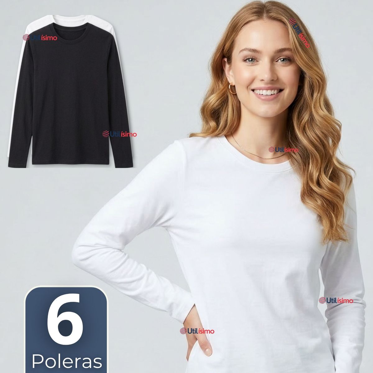 UTILISIMO - Pack 6 Camisetas Poleras Bambú Primera Capa Manga Larga Blanco Negro Mujer