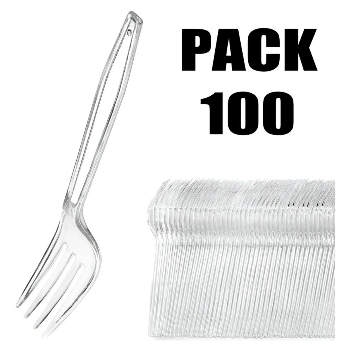 GENERICO - Pack 100 Tenedores Transparente Reutilizable - Desechable Mango Blanco