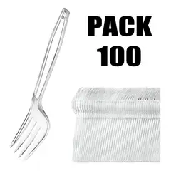 GENERICO - Pack 100 Tenedores Transparente Reutilizable - Desechable Mango Blanco
