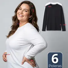 UTILISIMO - Pack 6 Camisetas Poleras Bambú Primera Capa Manga Larga Blanco Negro Mujer
