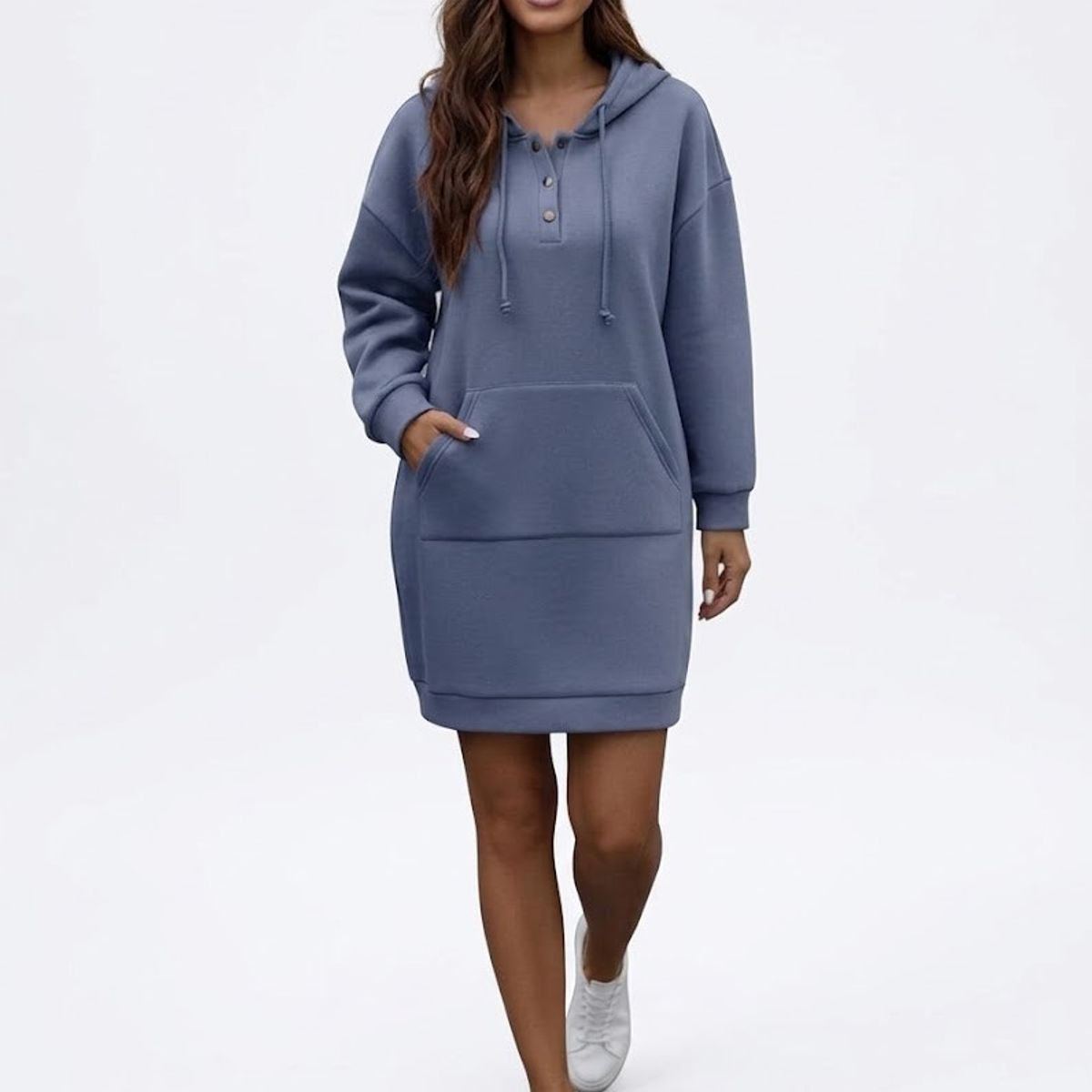 HAMI BOUTIQUE - Vestido Midi Polerón Azul Capucha - Botones en Escote y Bolsillo