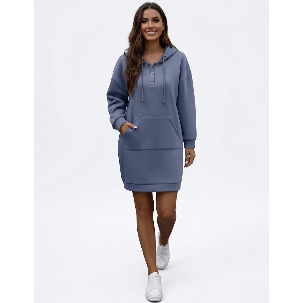 HAMI BOUTIQUE - Vestido Midi Polerón Azul Capucha - Botones en Escote y Bolsillo