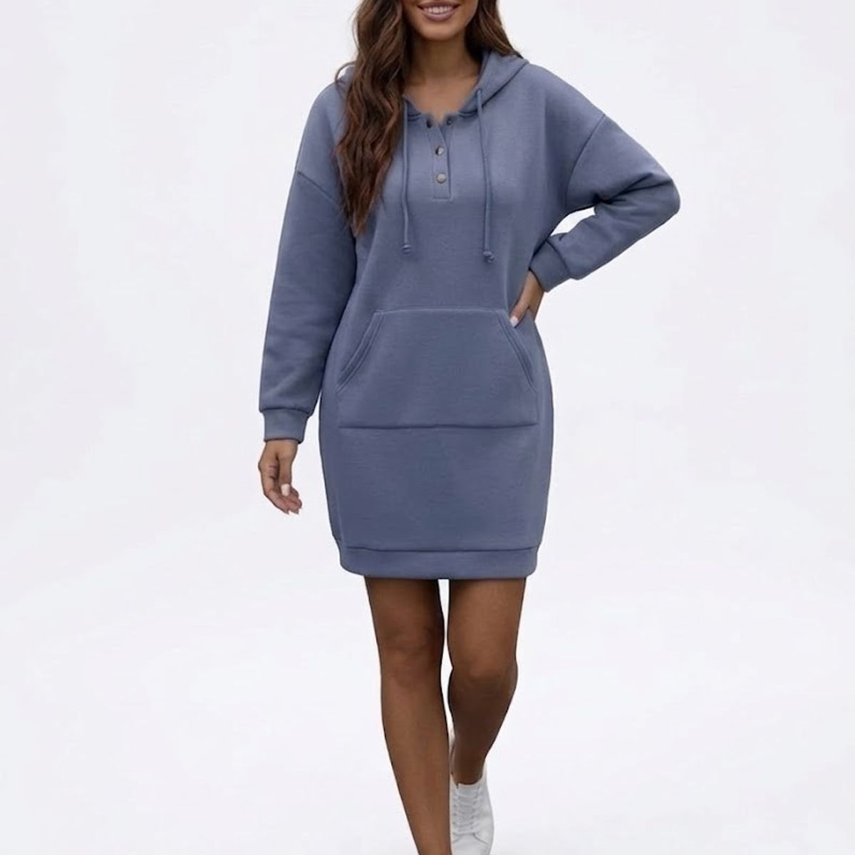 HAMI BOUTIQUE - Vestido Midi Polerón Azul Capucha - Botones en Escote y Bolsillo
