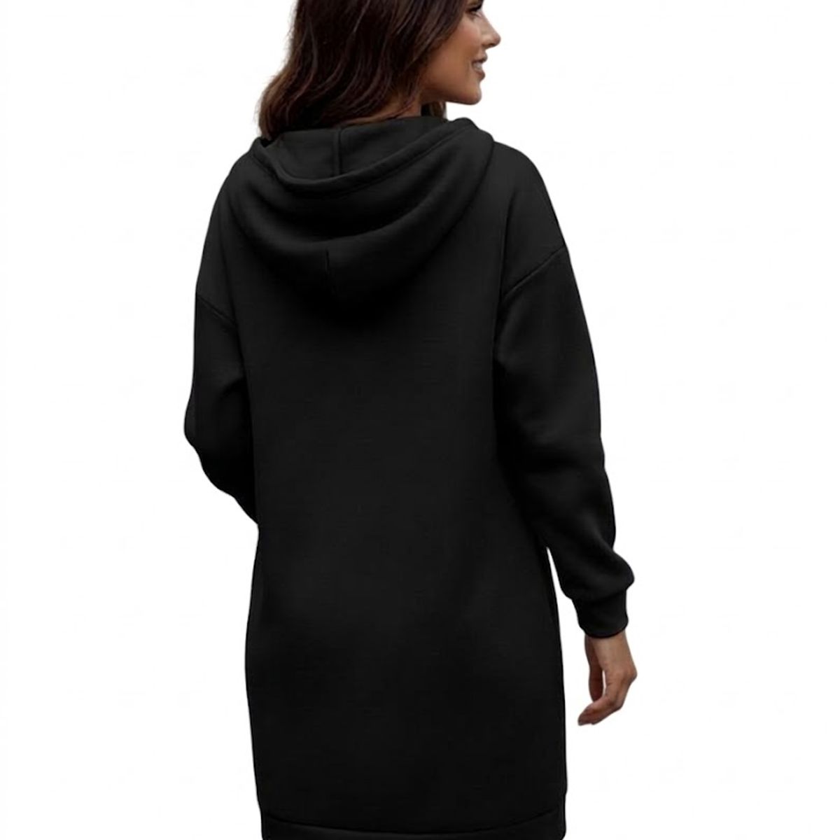 HAMI BOUTIQUE - Vestido Midi Polerón Negro Capucha - Botones en Escote y Bolsillo