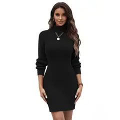 HAMI BOUTIQUE - Vestido Midi de Punto Negro - Cuello Alto y Silueta Ajustada