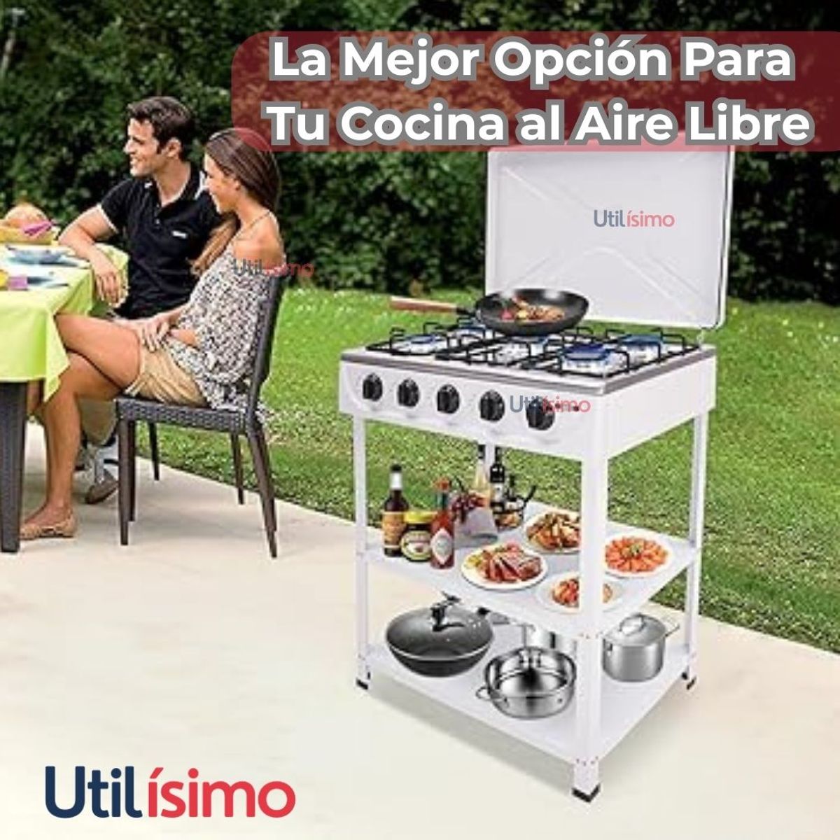 LINE - Cocina Encimera a Gas Licuado 5 Platos con Mesa + Kit de Instalación Cocinilla Blanco