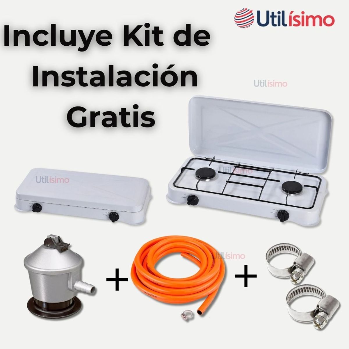 LINE - Cocina Encimera A Gas Licuado 2 Platos + Kit De Instalación Cocinilla Blanco