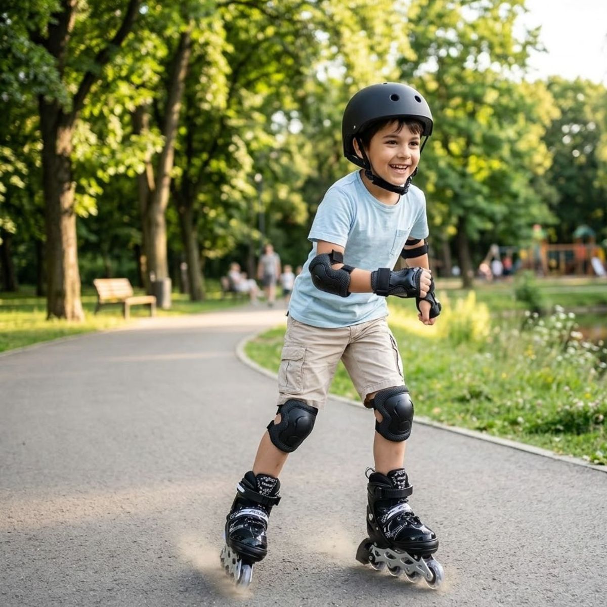 GENERICO - Patines Lineales Negros Ajustables Mas Protecciones y Casco Para Niños