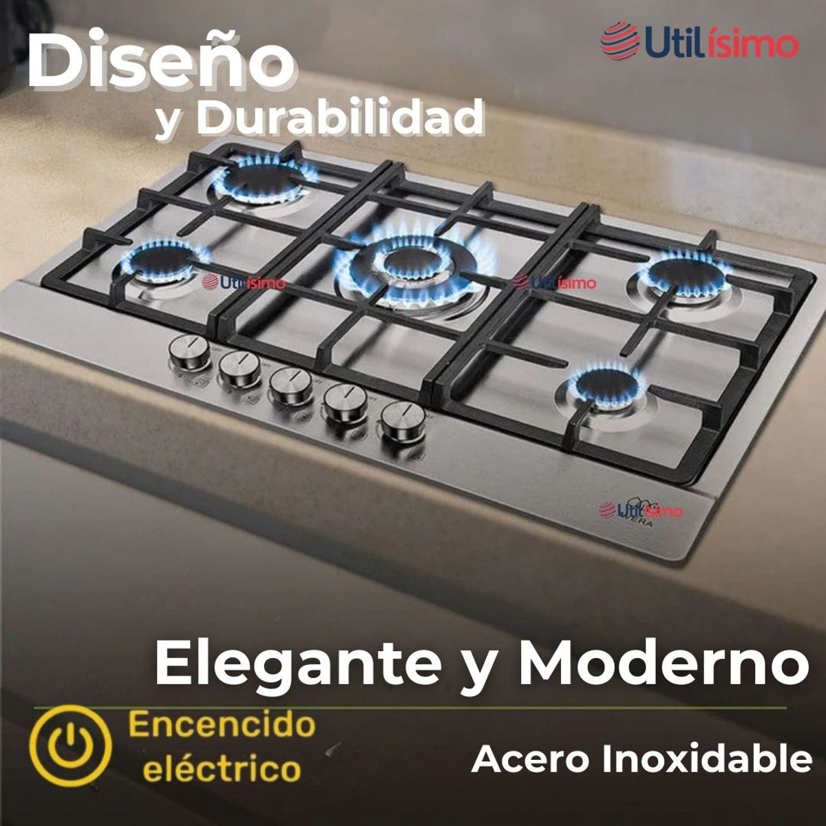 LINE - Encimera Gas Licuado 5 Platos Acero Inox con Chispero