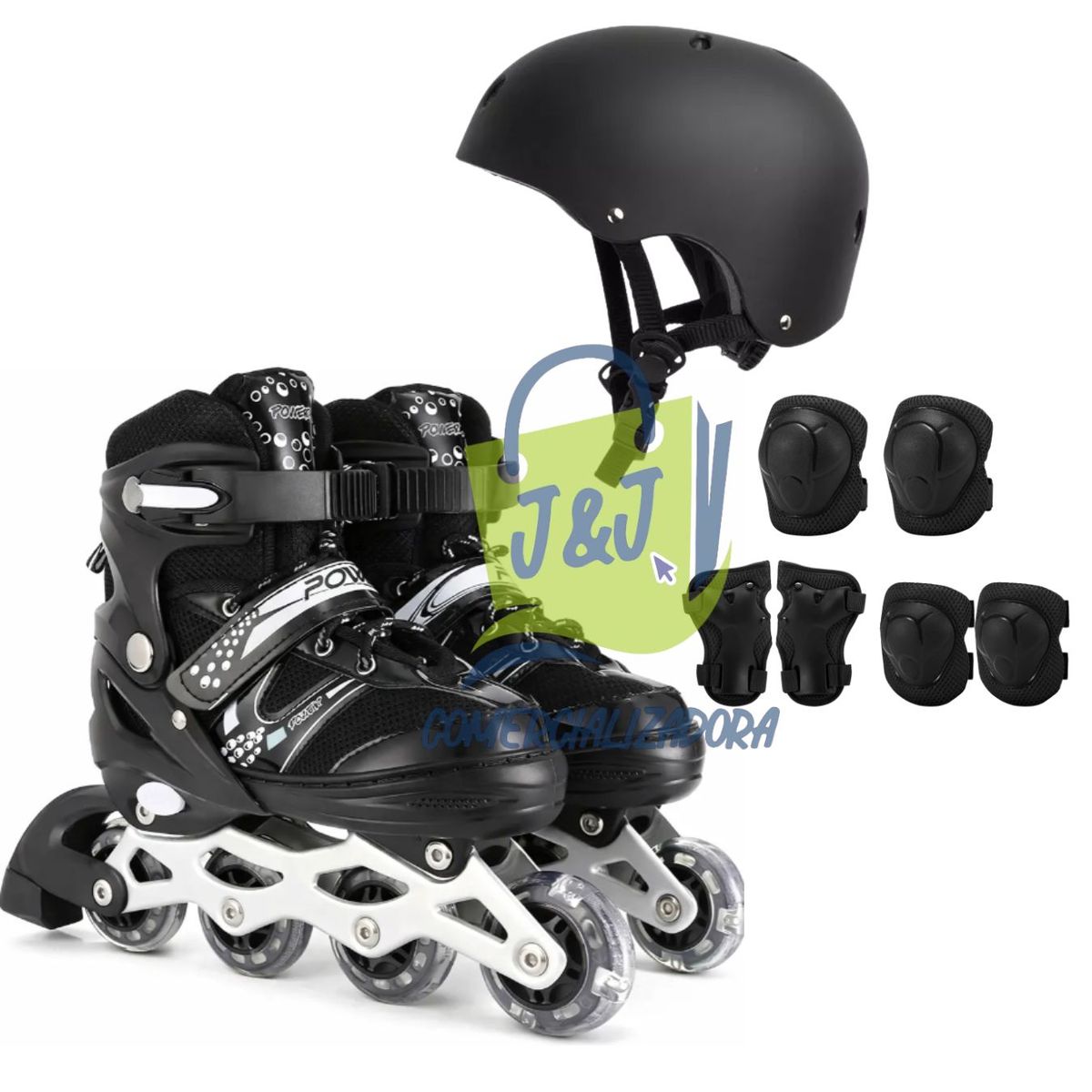GENERICO - Patines Lineales Negros Ajustables Mas Protecciones y Casco Para Niños