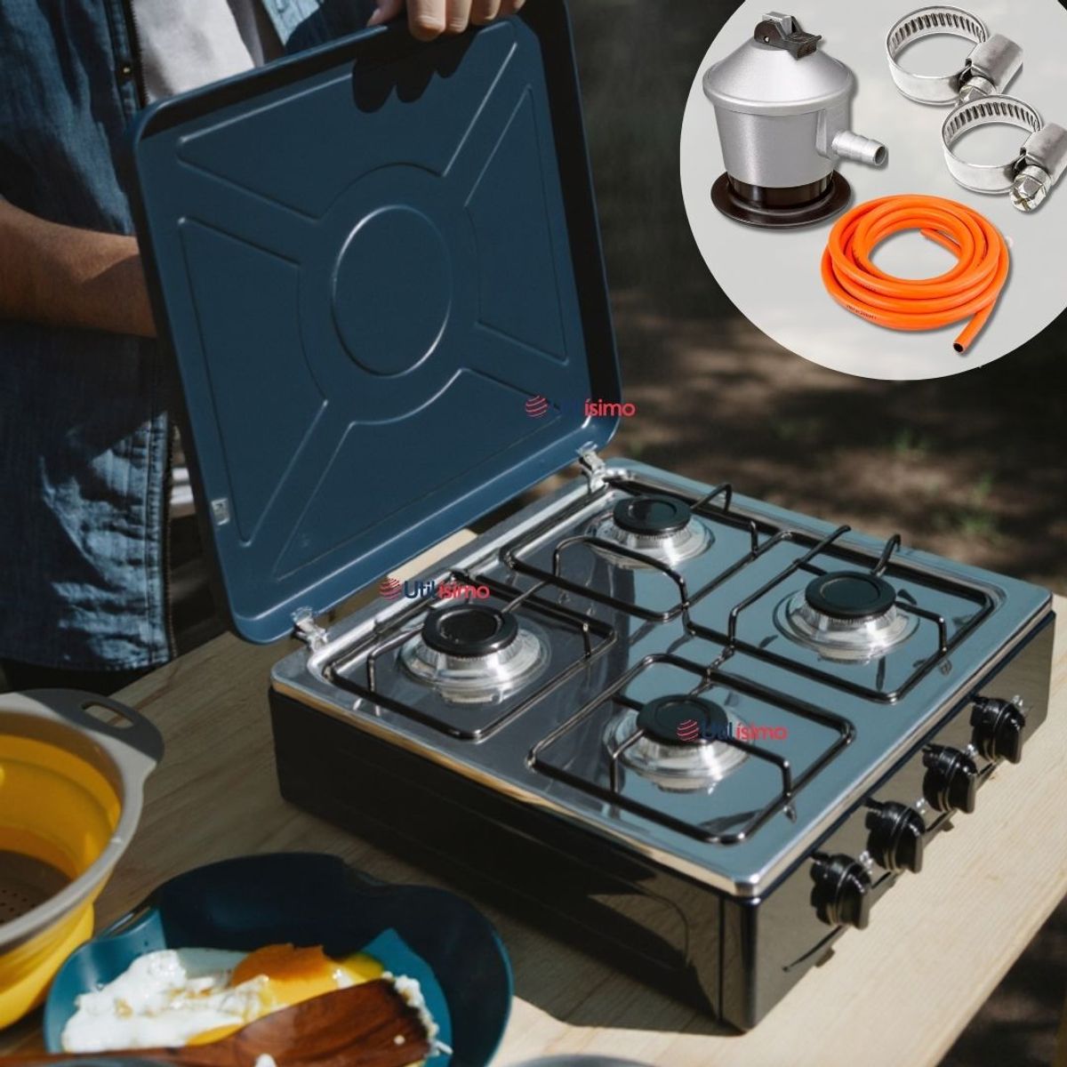 LINE - Cocina Encimera a Gas Licuado 4 Platos + Kit de Instalación Premium Negro