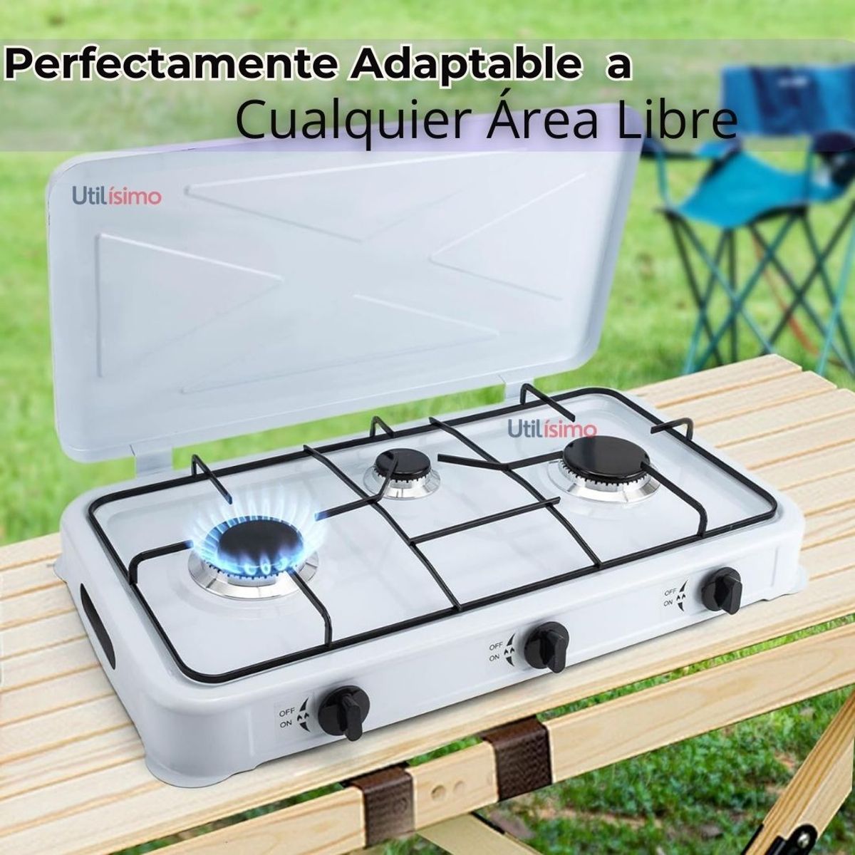 LINE - Cocina Encimera a Gas Licuado 3 Platos + Kit De Instalación  Cocinilla Blanco