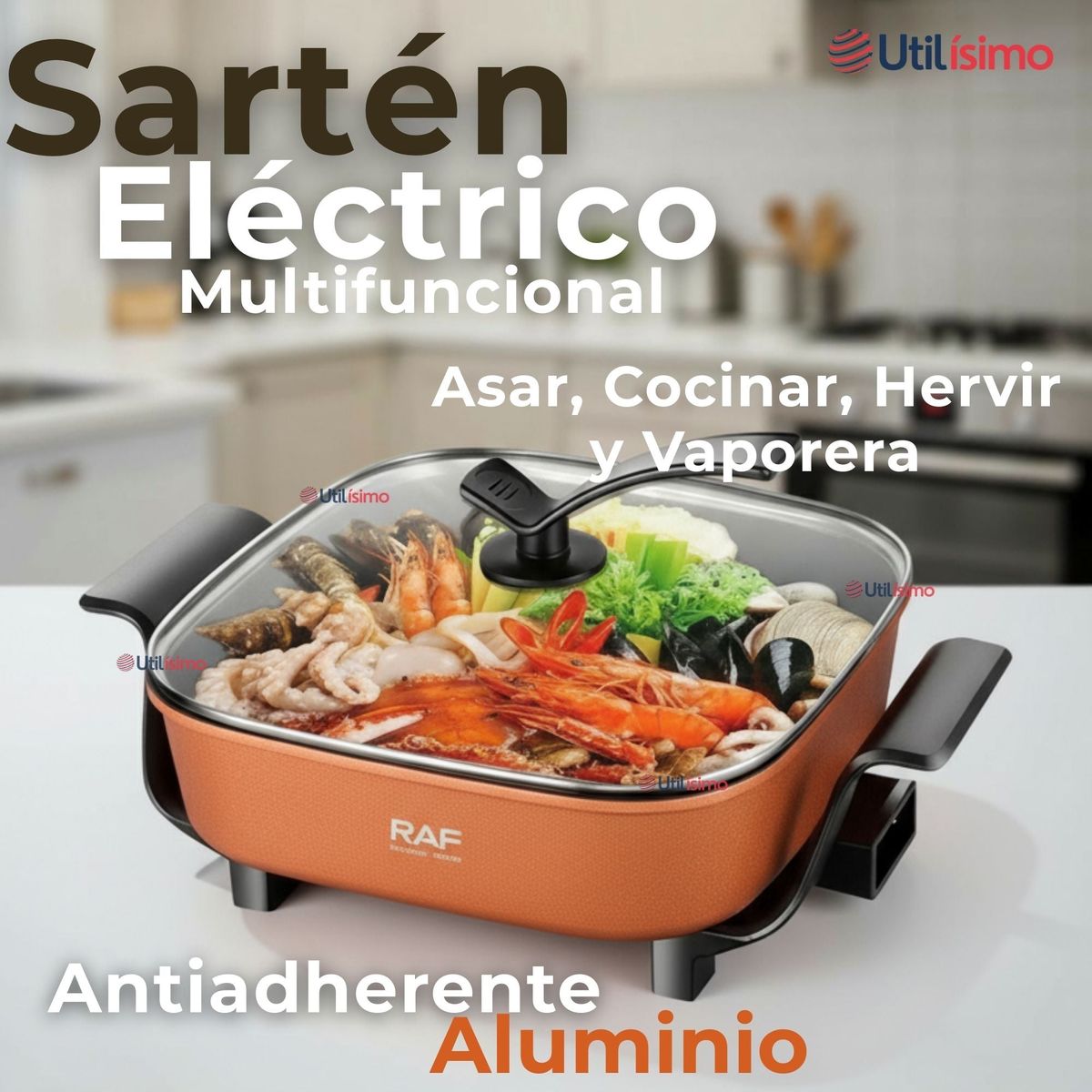 RAF - Sartén Eléctrico Multifuncional Antiadherente 1350W de Potencia