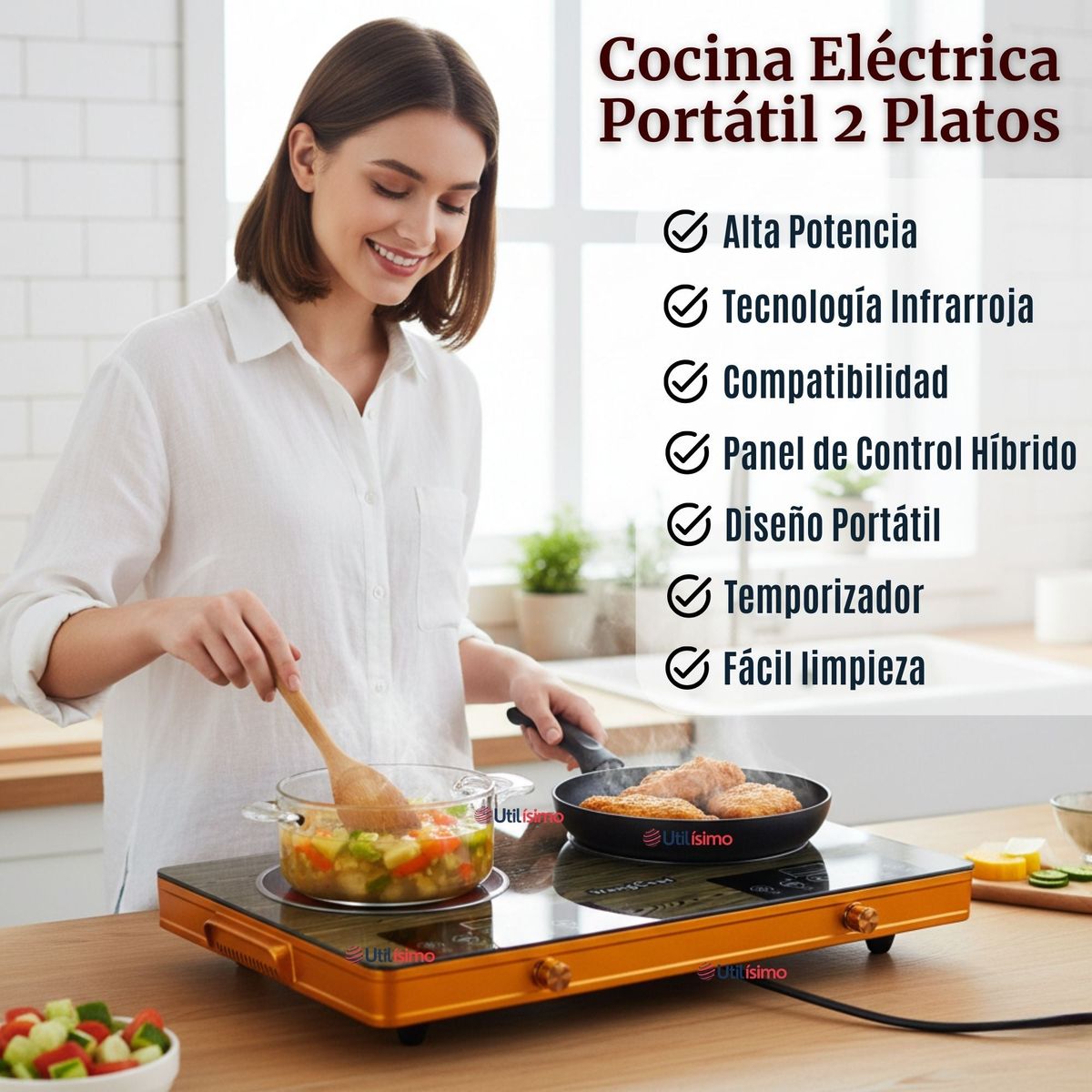 LINE - Cocina Cocinilla Eléctrica 3500w Encimera 2 Platos Portátil