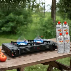 LINE - Cocina Portátil Cocinilla Camping 2 platos + 4 Latas de Gas