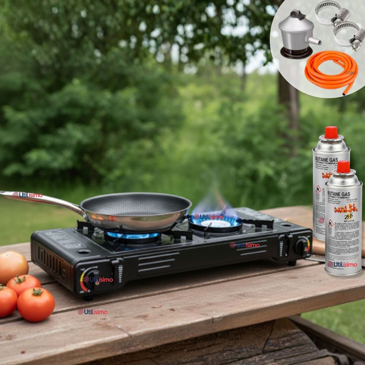 LINE - Cocina Portátil Cocinilla Camping 2 platos + Kit de Instalación +Sartén + 2 Latas