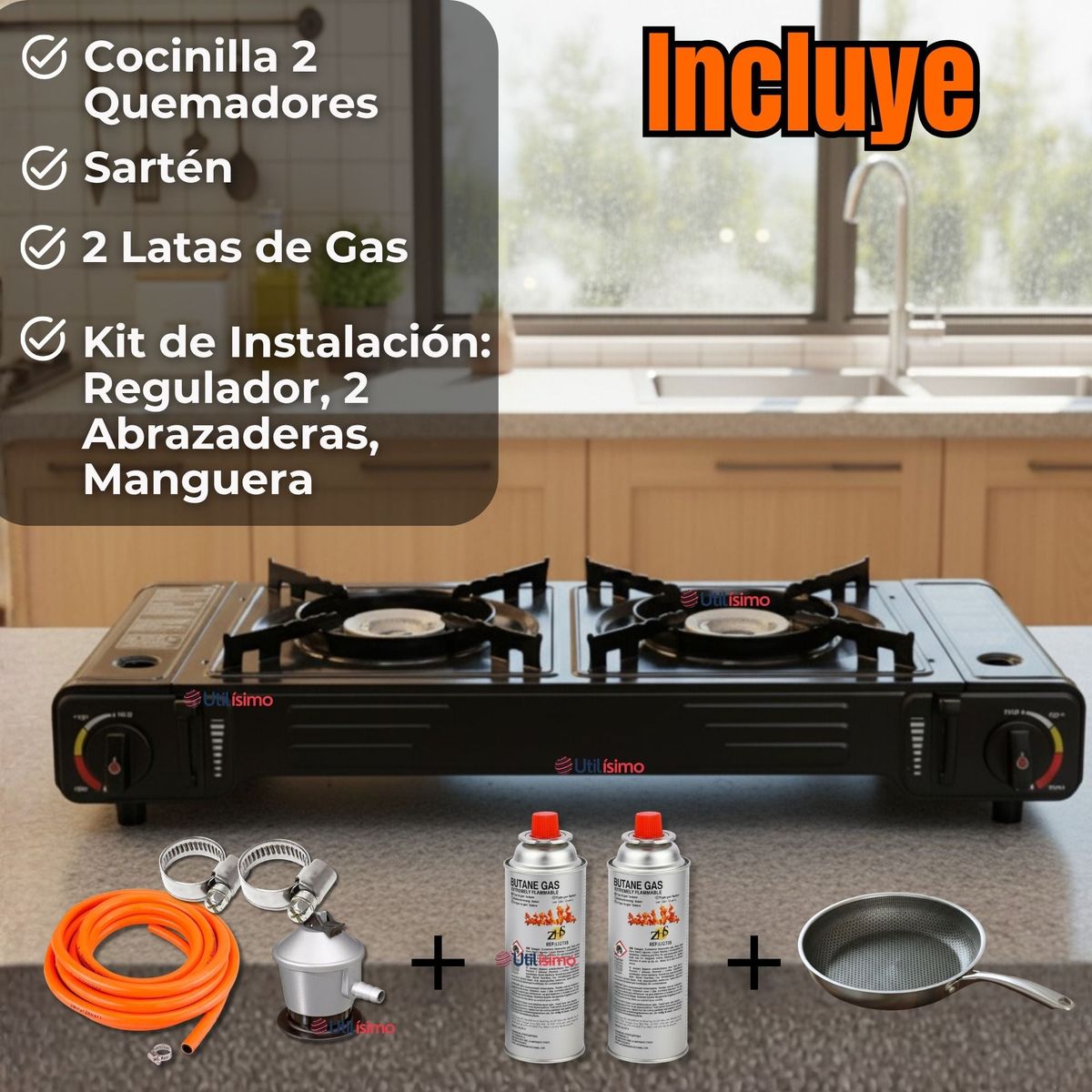 LINE - Cocina Portátil Cocinilla Camping 2 platos + Kit de Instalación +Sartén + 2 Latas